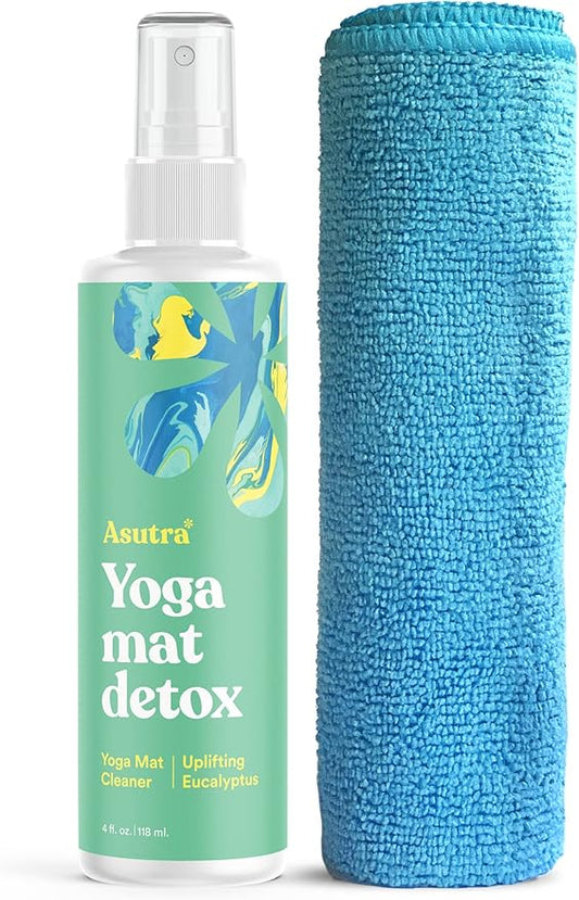 ASUTRA Yoga Mat Cleaner Spray (Uplifting Eucalyptus), 4 fl oz - No Slippery Residue, Organic Essential Oils, Deep-Cleansing for Fitness Gear & Gym Equipment, Microfiber Towel Included-FlexoryFit