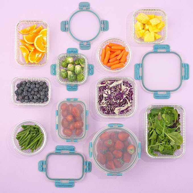 JoyJolt 24pc Borosilicate Glass Storage Containers with Lids | 12 Airtight/Freezer Safe Food Storage Containers for Pantry and Kitchen | Meal Prep Container for Lunch | Glass Tupperware Set-FlexoryFit