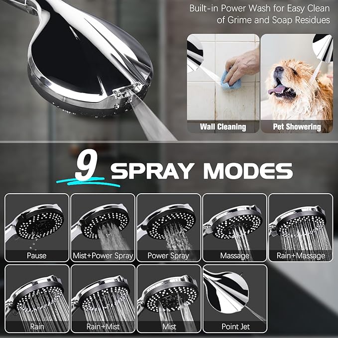 Shower Head 14'' High Pressure Rain Shower Head Combo, Filtered Handheld with 10 Water Spray, 3-Way Diverter Extension Arm Rainfall Showerhead, Adjustable Shower head with Anti-Clog Nozzles
