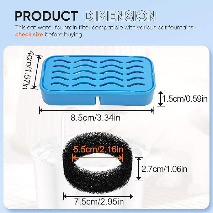 PETCHO 6-Pack Cat Water Fountain Filters Compatible with Original Stainless Steel Cat Water Fountain, Activated Carbon & Resin, Multiple Filtration Isolates Floating Hairs