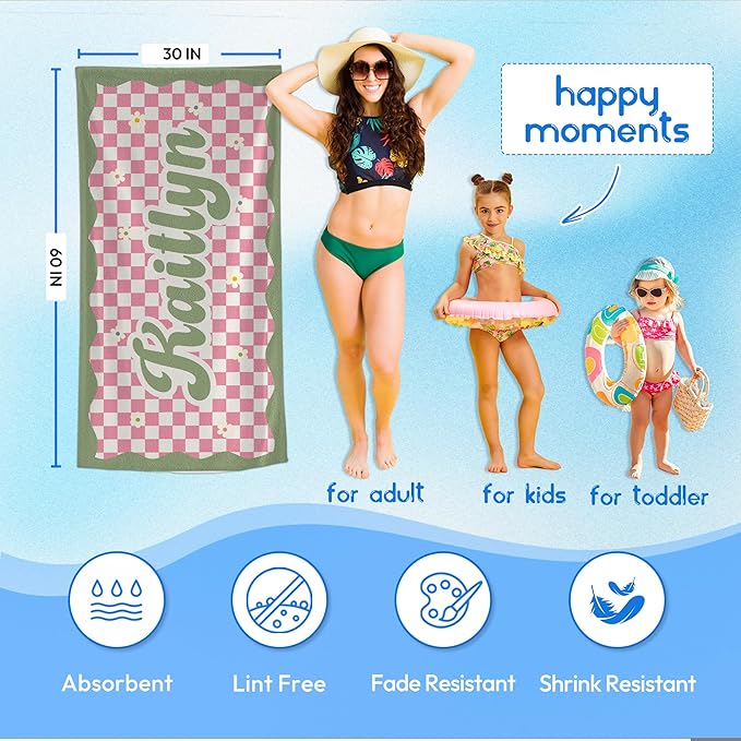 JML Personalized Beach Towel with Name, Custom Flower Beach Towel, Customized Microfiber Pool Towel, Quick Dry & Absorbent Swim Towel for Adult,Anniversary, Birthday, Summer Holiday,Vacation-FlexoryFit