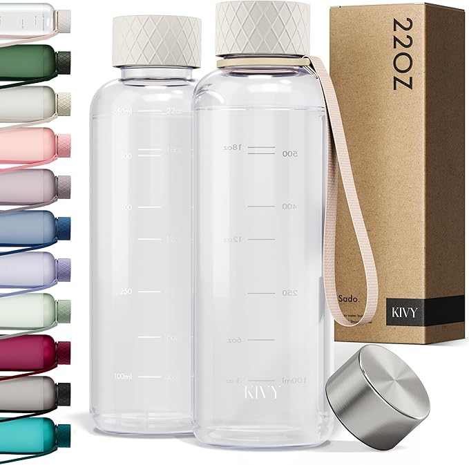 KIVY Slim Water Bottle 22oz [Lightweight & Shatterproof] - Small Drinking Waterbottle - Clear Water Bottle Without Straw for School, Sport & Travel - Transparent Bottle Dishwasher Safe, BPA Free-FlexoryFit