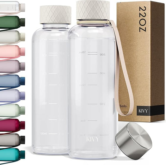 KIVY Slim Water Bottle 22oz [Lightweight & Shatterproof] - Small Drinking Waterbottle - Clear Water Bottle Without Straw for School, Sport & Travel - Transparent Bottle Dishwasher Safe, BPA Free-FlexoryFit