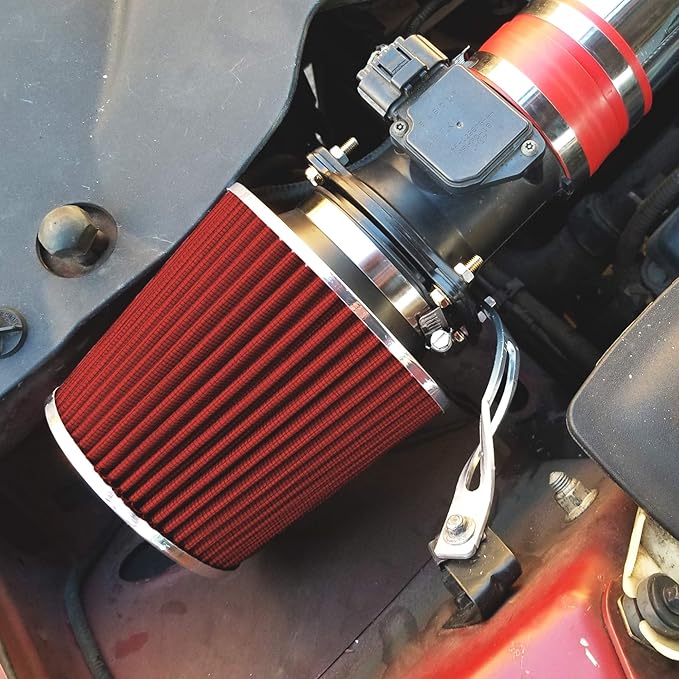 Mortar Aftermarket Auto Air Filter - Car Enthusiast Class Universal Cold Air Intake Gulps in More Air for More Engine Power & Passionate Induction Sound, 8-In-Long, Flange ID 4 In, Red