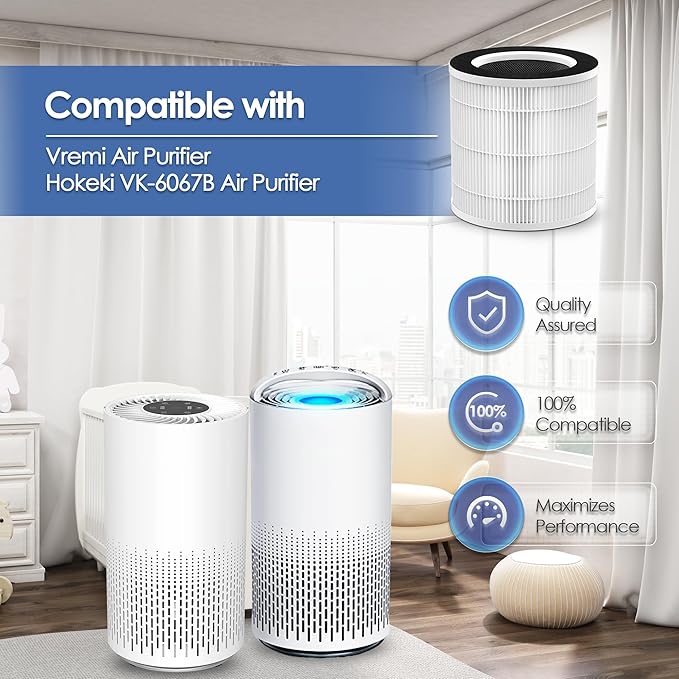 VK-6067B Filter Compatible with Vremi Air Purifier Filter Replacement VRM010685N and Hokeki Air Purifier Filter Replacement for VK-6067B with 3-Stage H13 True HEPA and Activated Carbon Filters, 3-Pack