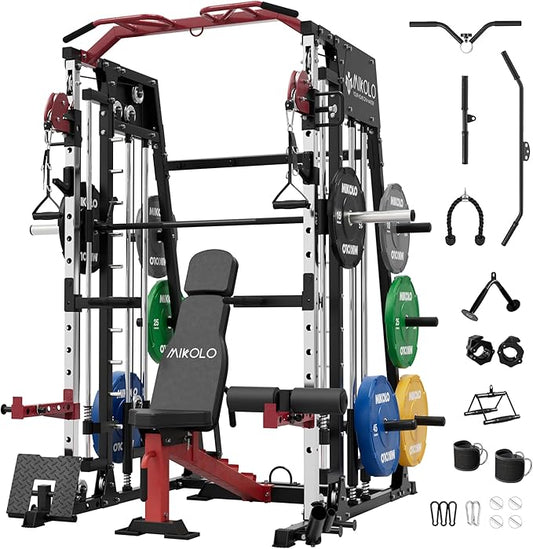 Mikolo Smith Machine, 2200lbs Squat Rack with LAT-Pull Down System & Cable Crossover Machine, Training Equipment with Leg Hold-Down Attachment-FlexoryFit