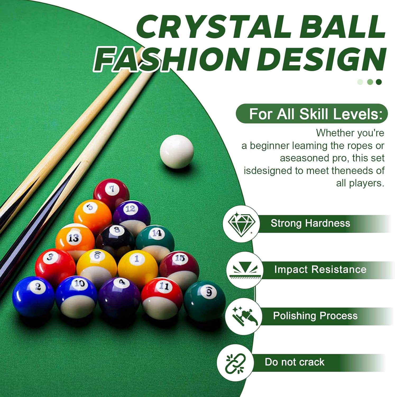 Billiard Balls Set 2-1/4" Regulation Size Pool Table Balls for Replacement (16 Resin Balls)