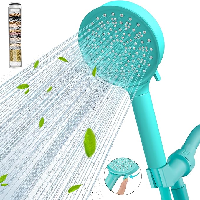 Cobbe Filtered Shower Head with Handheld, High Pressure 6 Spray Mode Showerhead with Filters, Water Softener Filters Beads for Hard Water - Remove Chlorine - Reduces Dry Itchy Skin, Bluish Green