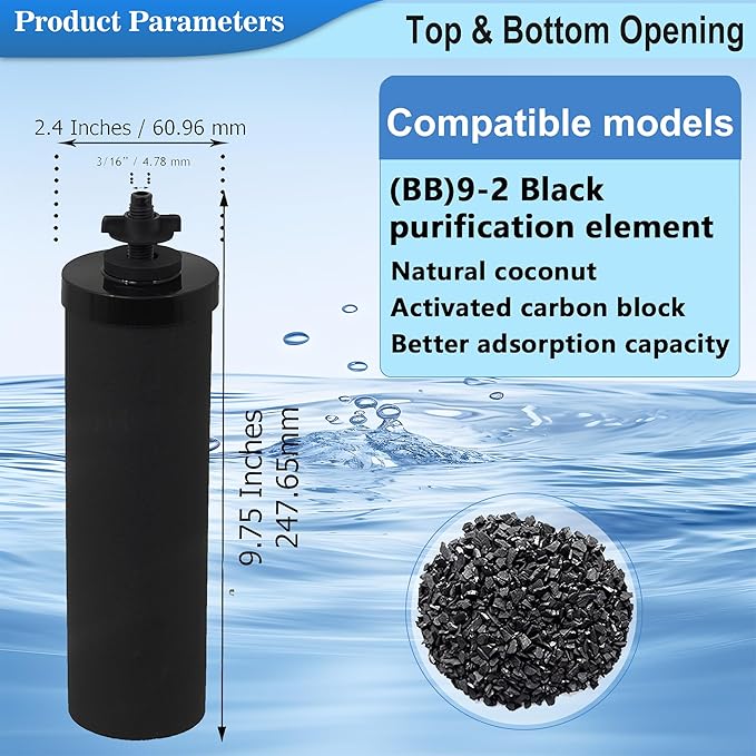 Black Filter 4 Pack by NSF/ANSI 42 Certified, Replacement for BB9-2® Purification Elements Filters, Compatible with Berkey Gravity Filtration System, Replacement for Berkey Black Filters