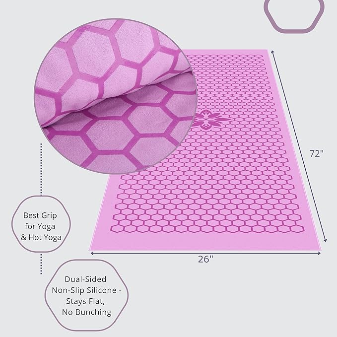 Clever Yoga Non-Slip Hot Yoga Towel – Non-Slip Grip for Hot Yoga, Sweat Absorbent, Honeycomb Silicone Grip, Stays Flat – Ideal for Pilates, Travel, Washable & Lightweight - Lilac-FlexoryFit