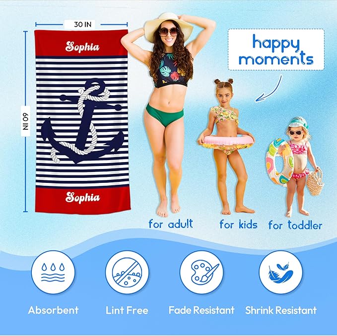 JML Personalized Beach Towel with Name, Custom Anchor Beach Towel, Customized Microfiber Pool Towel, Quick Dry & Absorbent Swim Towel for Adult,Anniversary, Birthday, Summer Holiday,Vacation-FlexoryFit