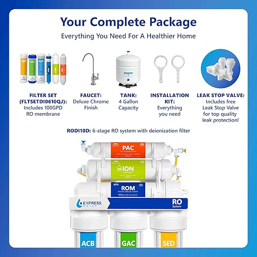 Express Water RODI10D Reverse Osmosis Deionization Water Filtration System – 6 Stage RO Water Filter with Faucet and Tank – Under Sink Water Filter – 100 GPD