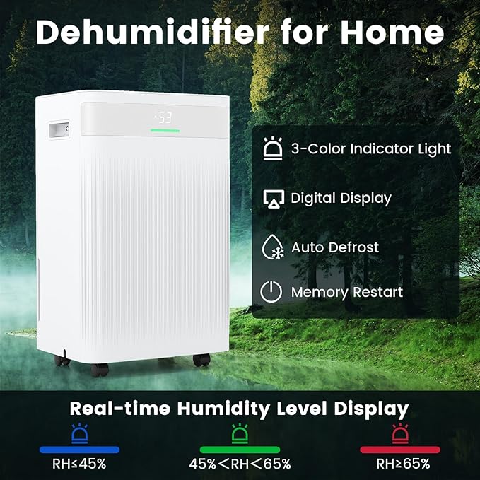 COSTWAY 54 Pints Dehumidifier for Basement, 4500 Sq.Ft Dehumidifier with 3 Modes, LED Display, 3-Color Indicator Light, 24H Timer, Child Lock, Drain Hose & Auto Defrost for Bathroom Bedroom