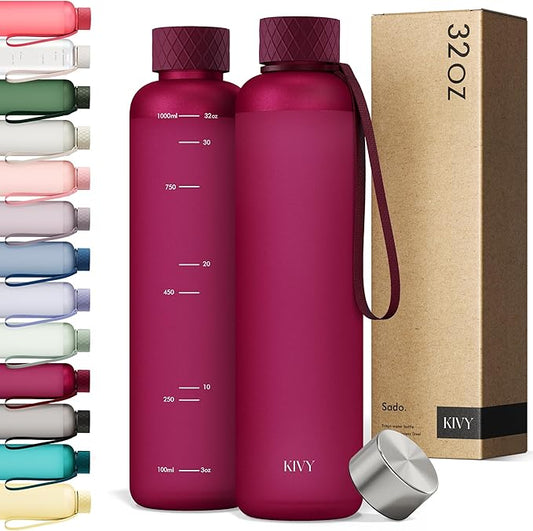 KIVY Slim Water Bottle 32oz [Lightweight & Shatterproof] Fits Backpack & Cupholder for Travel, Sports, School, Gym - Frosted red bottle no straw - Gym water bottle screw top - Dishwasher Safe-FlexoryFit