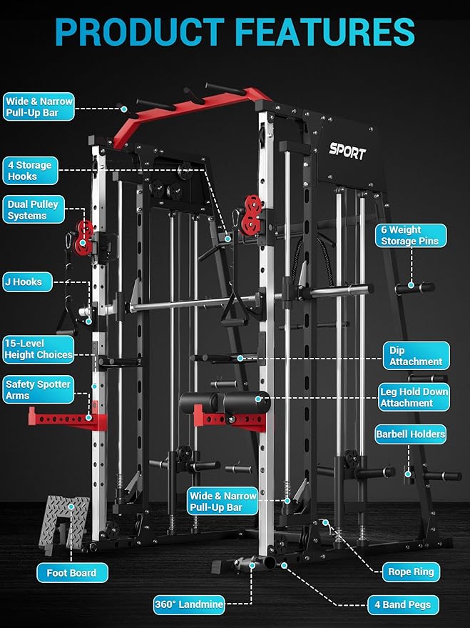 Smith Machine, Power Cage Squat Rack with Cable Crossover, Dual Pulley System, Pull-Up Bar, Home Gym Workout Equipment with Attachments for Strength Training and Weightlifting-FlexoryFit