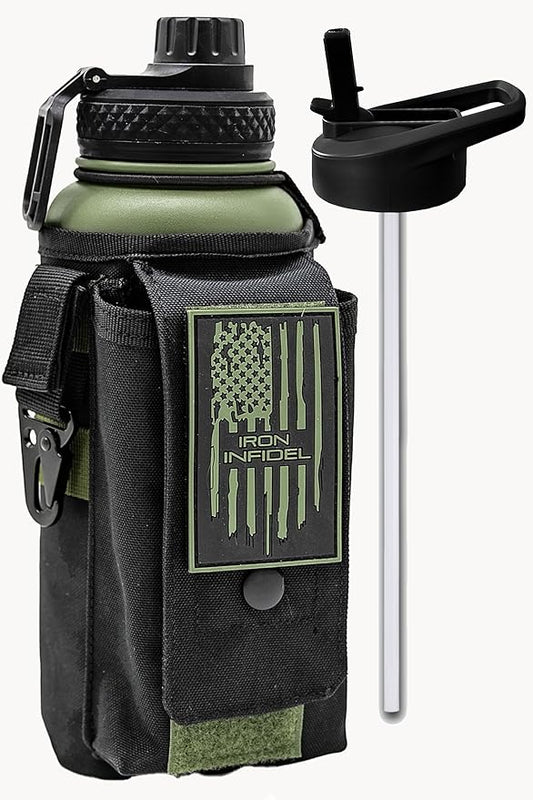 Iron Infidel Battle Bottle - 32 Oz Insulated Water Bottle with Straw Lid & Chug Cap, Stainless Steel Metal Flask Includes Rugged, Removable Sleeve for Keys, Wallet, & Phone (Widowmaker 1 Liter)-FlexoryFit