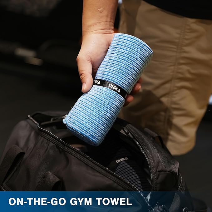 Microfiber Gym Towels with Snap Strap Closure, Ribbed Pattern Sports Towels for Yoga, Home and Outdoor Activities, 27” x 16”, 6 Pack, Light Blue-FlexoryFit
