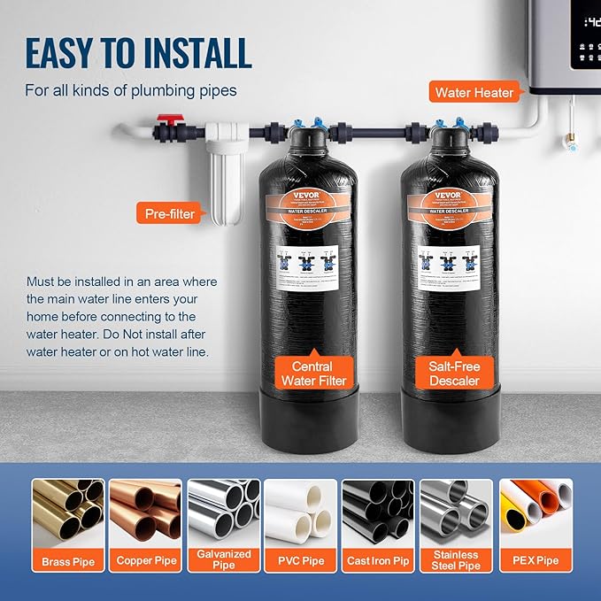 VEVOR Whole House Salt Free Descaler, Water Filter for City Water, 600,000 Gallon Whole House Water Descaler for All Kinds of Plumbing Pipes, 1" NPT & 3/4" NPT, for 2-3 Person Family