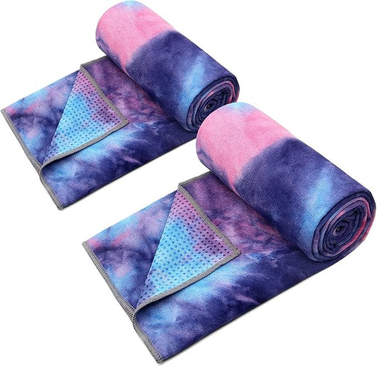Eunzel 2 Pack Yoga Towel,Hot Yoga Mat Towel with Grip Dots Sweat Absorbent Non-Slip for Hot Yoga, Pilates and Workout 24" x72，Purple & Blue (2 Pack)-FlexoryFit