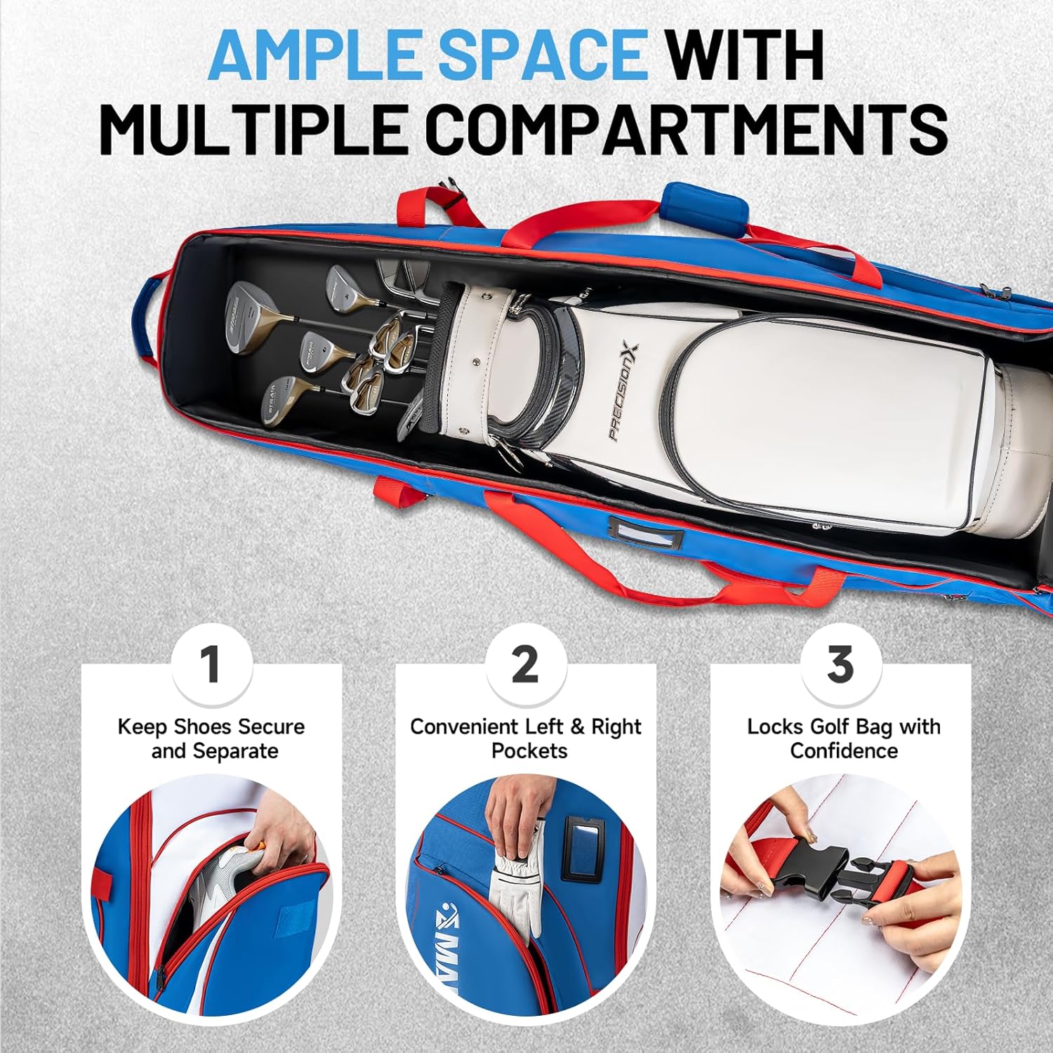 MANUEKLEAR 1680D Nylon Travel Golf Bags Club for Airlines with Wheels, Golf Travel Bags for Airlines with Padded Top, Golf Travel Case Cover with 3 Large Pocket for Golfer