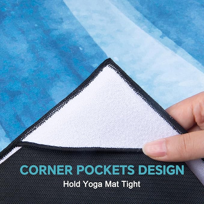 QiyI Yoga Mat Towel with Corner Pockets, Non Slip Sweat Absorbent Hot Yoga Towels, Soft Yoga Blankets with Travel Bag, Skidless Mat Cover for Workout, Gym, Fitness - 70"x26", Blue Tie Dye-FlexoryFit