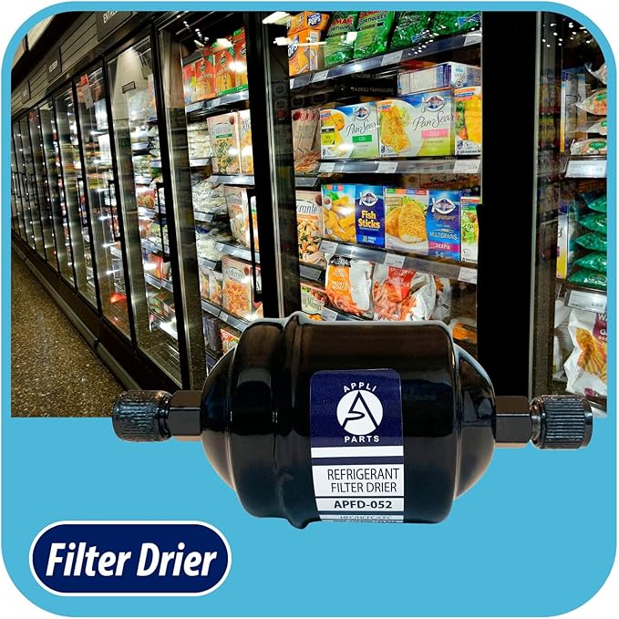 Appli Parts APFD-052 1/4 in Liquid Line Refrigerant AC Filter Drier hvac Refrigeration 052 SAE Flare connection universal unidirectional 4-1/2 in long 2 in wide