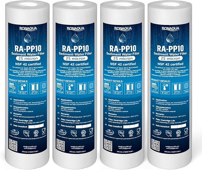 Ronaqua 25 Micron Sediment Water Filter Cartridge 10"x2.5", NSF Certified, 4-Layer Filtration for any 10-inch RO Units & Whole House Systems, Compatible with Culligan P5, AP110, WHKF-GD05, 4 Pack