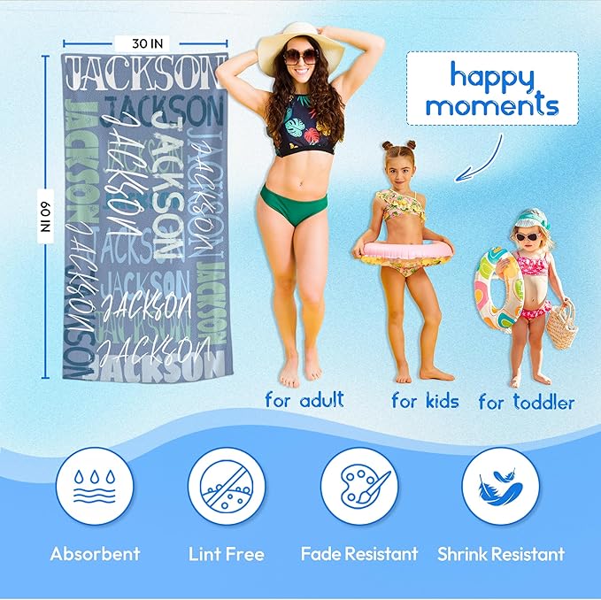 JML Personalized Beach Towel with Name, Custom Beach Towel with Name, Customized Microfiber Pool Towel, Quick Dry & Absorbent Swim Towel for Adult,Anniversary, Birthday, Summer Holiday,Vacation-FlexoryFit