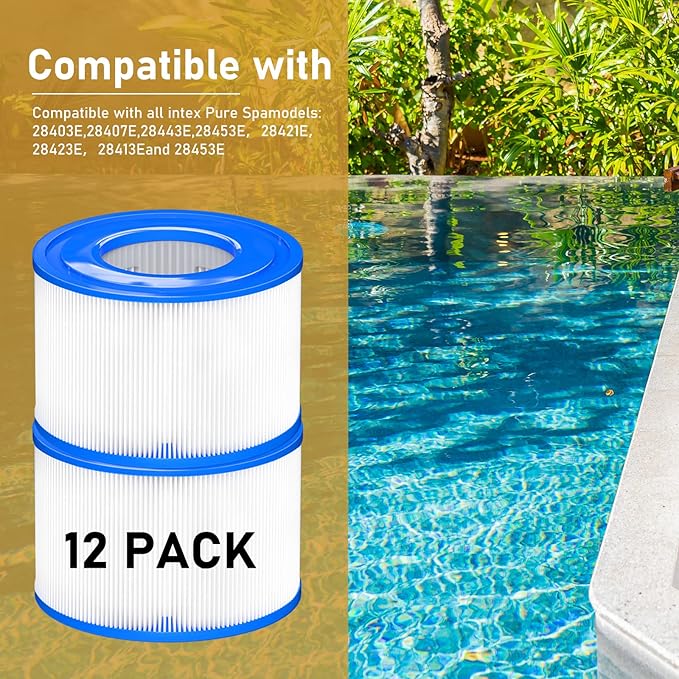 Type S1 Spa Filter 29011E for All Intex PureSpa 28429E, 28403E, 28407E, 28443E, 28453E, 28421E, 28423E, 28413E, and 28453E, 11692, SB-h10, JPC01 Easy Set Swimming Pool Pump, 12 Pack