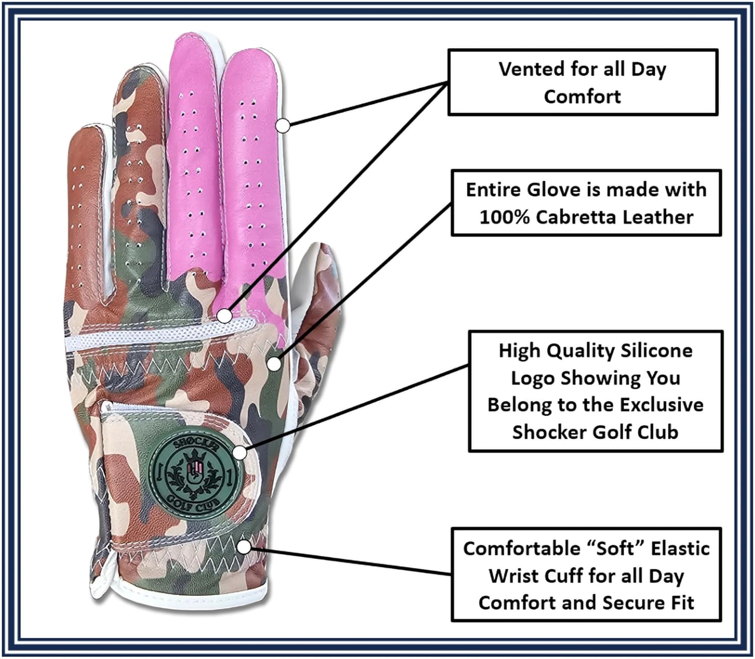 Shocker Camo Golf Glove Men's - Premium Cabretta100% Leather, Durable Grip, White and Camo, Adult Men's Golf Gloves, Funny Gag Gift, Left & Right Handed, Small to XXL Sizes