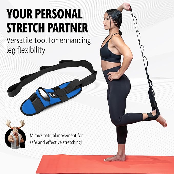 DMoose Fitness Foot & Calf Stretcher with Adjustable Padded Stretching Strap for Plantar Fasciitis, Hamstring, Heel Spurs and Achilles Tendonitis Relief - Yoga Leg Stretch Strap for Flexibility-FlexoryFit