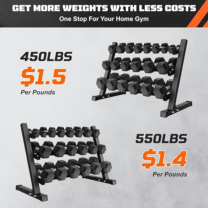 450/550 Dumbbell Sets with Rack, Rubber Hex Dumbbells, Free Weight set for Home Gym, Hand Weights with Chrome Handle for Strength Training-FlexoryFit