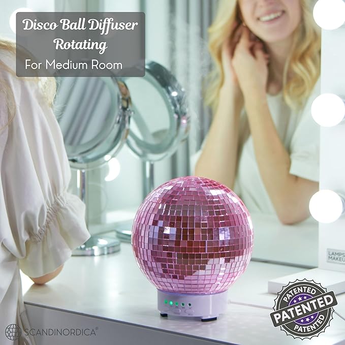 SCANDINORDICA Disco Ball Diffuser Rotating - Essential Oil Diffuser with Whisper Quiet Operation, Unique Preppy Room Decor | Aromatherapy Diffuser for Medium Room Pink