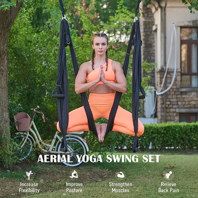 ZELUS Aerial Yoga Swing Sling Strong Yoga Hammock Kit Set Trapeze Inversion Equipment Include 2 Extensions Straps and Ceiling Mounting Kit-FlexoryFit