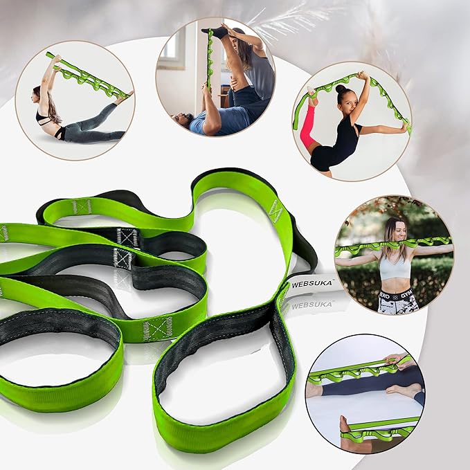 Stretching Strap Yoga Strap, 10 Loops Non-Elastic Stretch Bands Helps Women and Men Improve Flexibility for Home Workout, Physical Therapy, Pilates, Exercise, Dance, Comes with Door Anchor-FlexoryFit