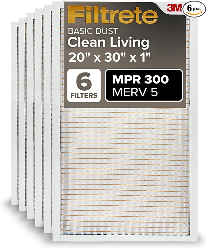 Filtrete 20x30x1 Air Filter, MPR 300, MERV 5, Clean Living Basic Dust 3-Month by Filtrete