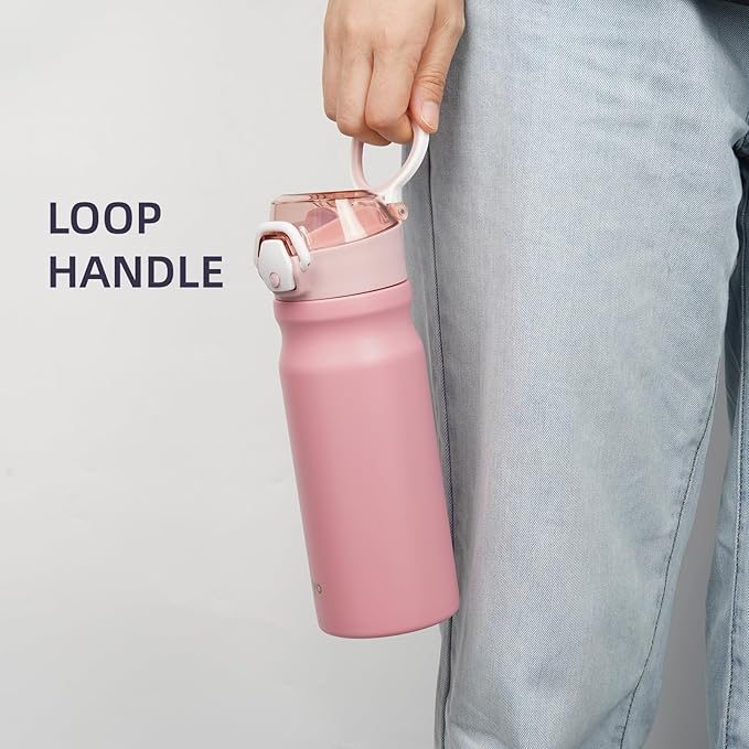 Insulated Water Bottle with Straw and Carry Loop,18 oz Stainless Steel Double Wall Vaccum Metal Water Flask with Leak-proof Lid,Pink-FlexoryFit