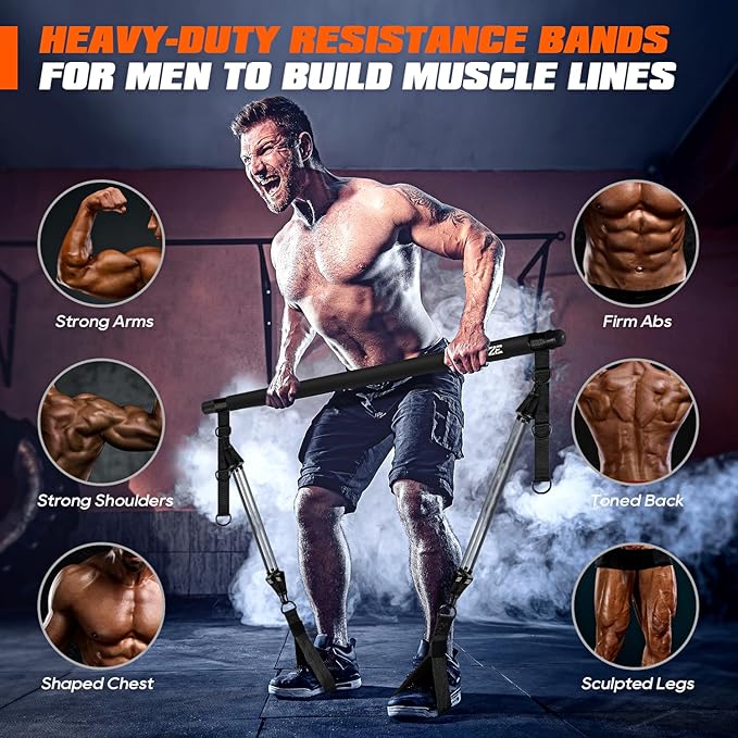 Pilates Bar Kit with Resistance Bands, Heavy Duty Pilates Equipment for Men, Strength Training Bar for Legs, Hip, Back, Arm, Abs, Chest, Shoulders, Portable Home Gym Full Body Workout Equipment-FlexoryFit