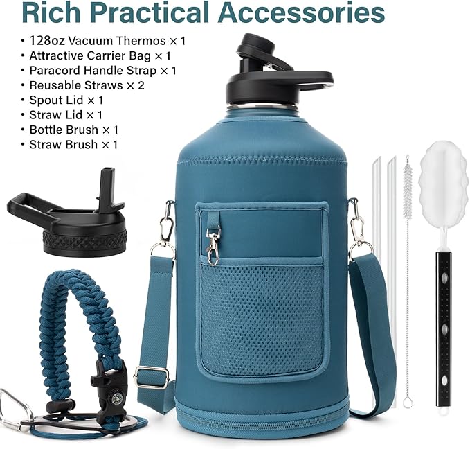 1 Gallon Water Bottle Insulated | Thickened Stainless Steel Vacuum Metal Water Jug | Portable Sports Large for Gym and Hiking with Straw, Carrier Bag, Handle Strap | BPA-Free 128 oz-FlexoryFit