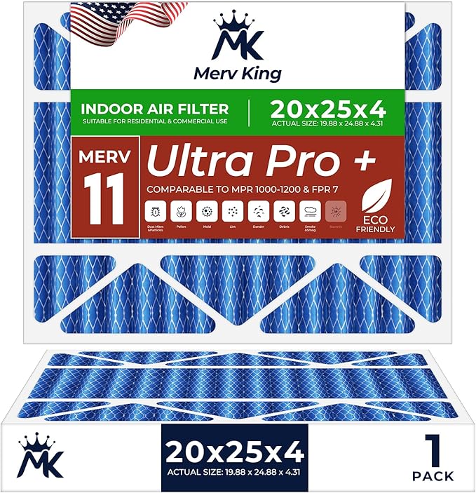 MervKing 20x25x4 Air Filter Actual Size: 19.88" x 24.88" x 4.31" MERV 11 MPR 1000-1200 | MADE IN USA | 1-Pack | Pleated HVAC AC Furnace Replacement