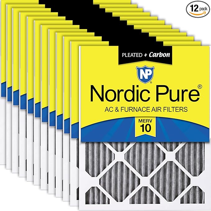 Nordic Pure 14x24x1 (13 3/4 x 23 3/4 x 3/4) Furnace Air Filters MERV 10 Pleated Plus Carbon 12 Pack