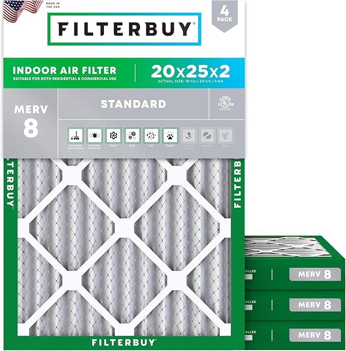 Filterbuy 20x25x2 Air Filter MERV 8 (MPR 700) Dust Defense Replacement (4-Pack), Electrostatic Pleated HVAC AC Furnace Filters, Made in USA (Actual Size: 19.50 x 24.50 x 1.75)