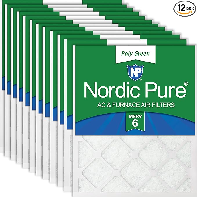 Nordic Pure 18x20x1 (Actual Size: 17 1/2 x 19 1/2 x 3/4) Poly Green MERV 6 AC Furnace Air Filters – Reduces Dust, Pollen, Pet Dander & Allergens – 12-Pack