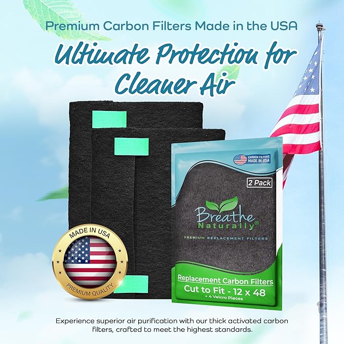 Breathe Naturally Universal Cut To Fit Carbon Activated Air Filter - Replacement Charcoal Filters - Pre Filter Carbon Sheet for Air Purifier, Vent Filters & More - Packed in USA (Pack of 2, 12x48)