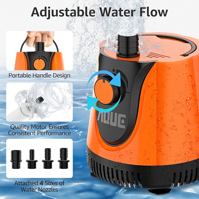 AQUE 360° All-round Water Intake Submersible Pump. It is suitable for fish tanks, ponds, aquariums and hydroponic systems. It comes with a 6-foot power cord and 4 nozzles. (40W)