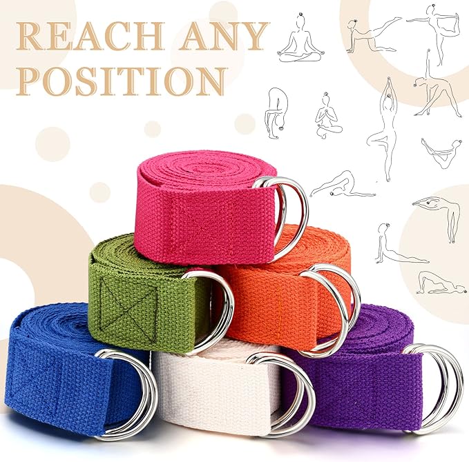 6 Pcs Yoga Strap for Stretching 8 Ft Yoga Exercise Adjustable Straps Bands with Safe Adjustable D Ring Buckle for Pilates Gym Workouts Fitness Improves Sitting Posture-FlexoryFit