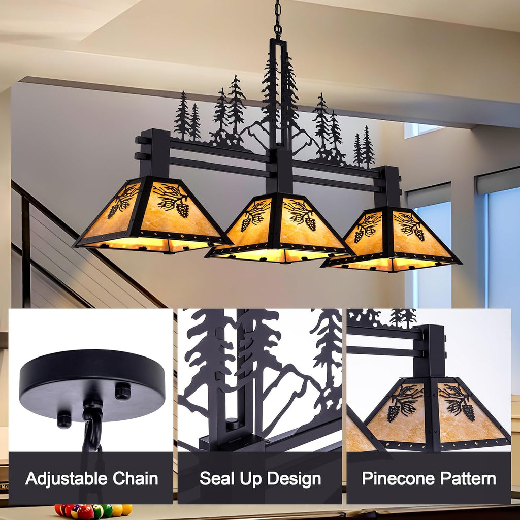 TOCHIC 3-Light Pool Table Light for 7' 8' 9' Table, 48" Rustic Tiffany Billiard Pool Table Lights, Farmhouse Chandelier for Dining Room Hanging Ceiling Light Fixture for Game Room Basement Bar