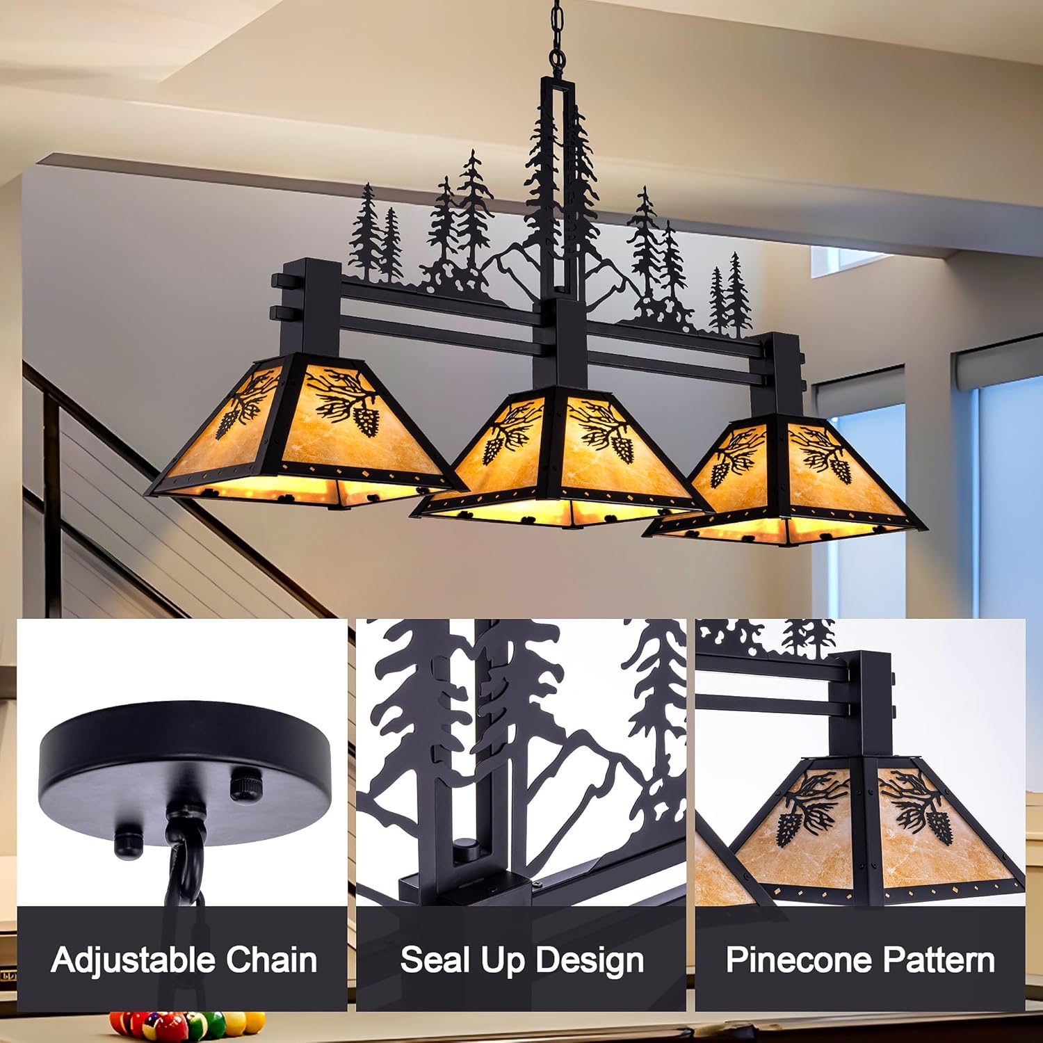 TOCHIC 3-Light Pool Table Light for 7' 8' 9' Table, 48" Rustic Tiffany Billiard Pool Table Lights, Farmhouse Chandelier for Dining Room Hanging Ceiling Light Fixture for Game Room Basement Bar