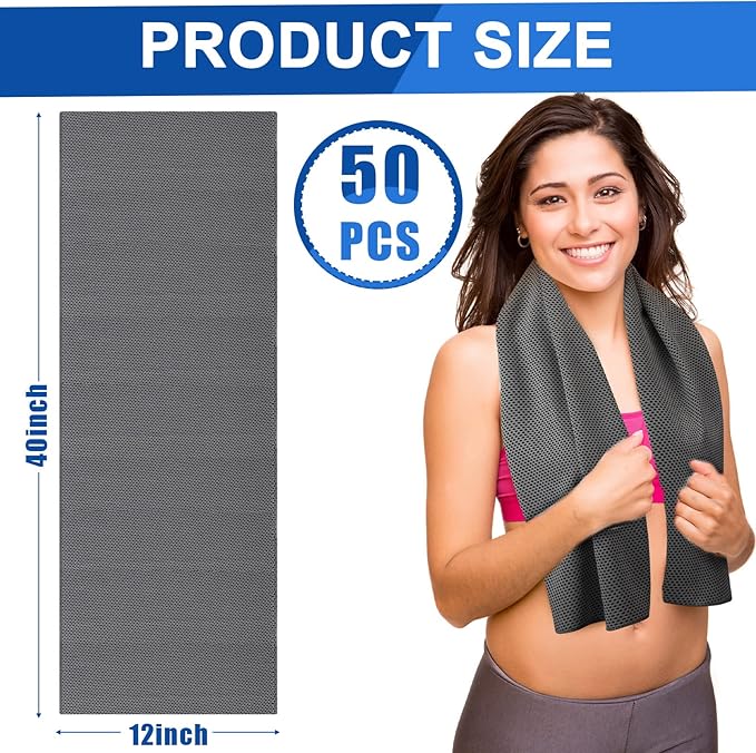 Shellwei 50 Pcs Cooling Towel 40 x 12 Inch Microfiber Workout Towels Breathable Chilly Towel Ice Cool Cold Towels Bulk Fast Drying Absorbent Sweat Rag for Neck Yoga Sports Golf Gym-FlexoryFit