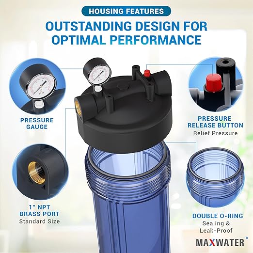 Max Water Whole House 20" x4.5" Purple Clear WH Water Filter Housing 1 inch Inlet/Outlet Ports with Pressure Gauge Wrench and Bracket (1 Housing + 1 Pressure Gauge)